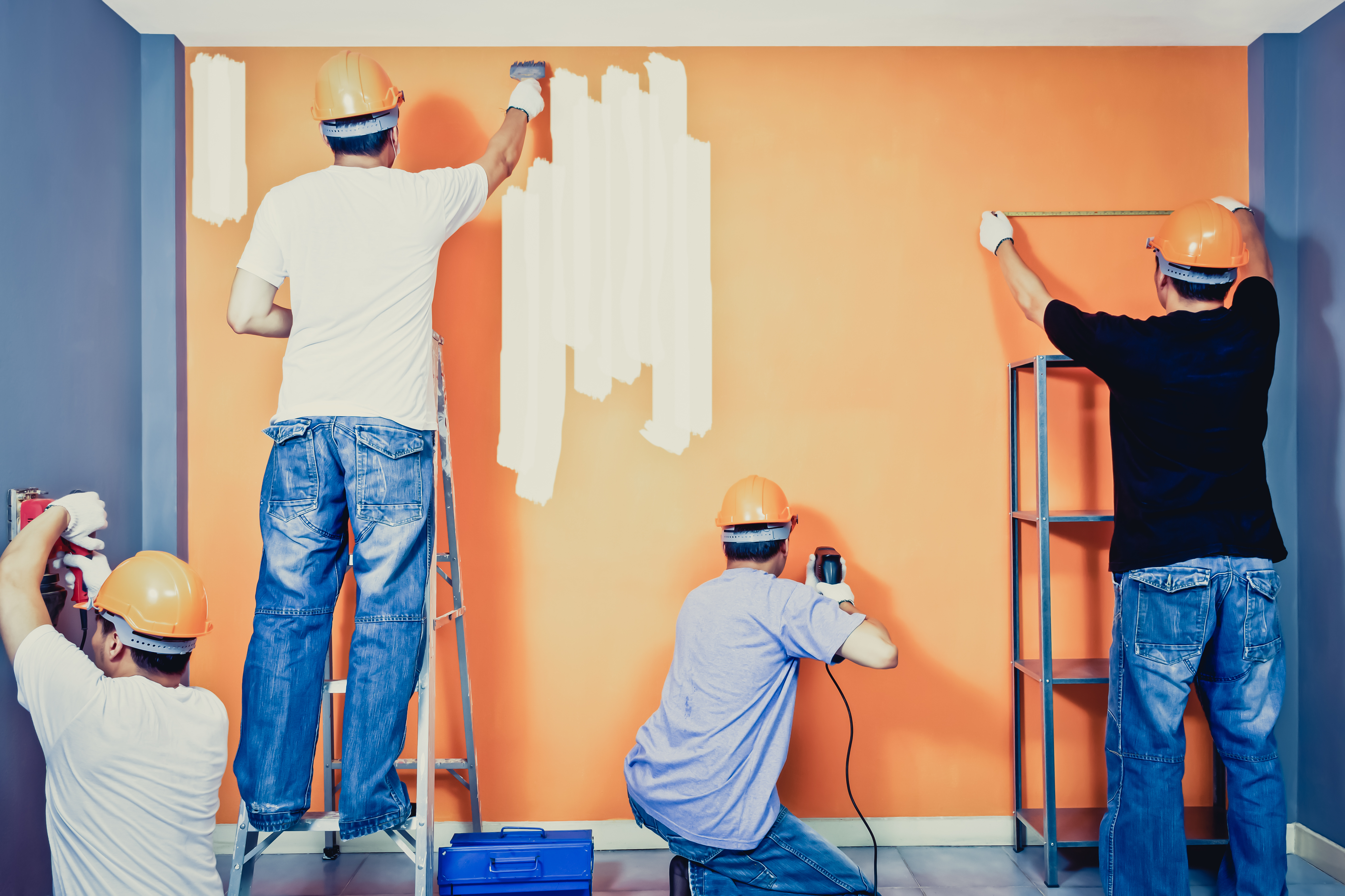 Home improvement, Renovation set. asian craftsman team working in the room, art filter